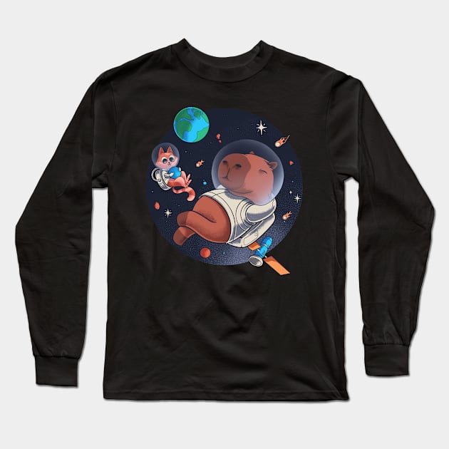 The capybara astronaut chills in space with catstronaut Long Sleeve T-Shirt by create by adi